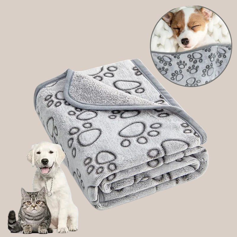 Gray pet blanket with paw prints, folded, with a dog and cat sitting beside it on a grey background.