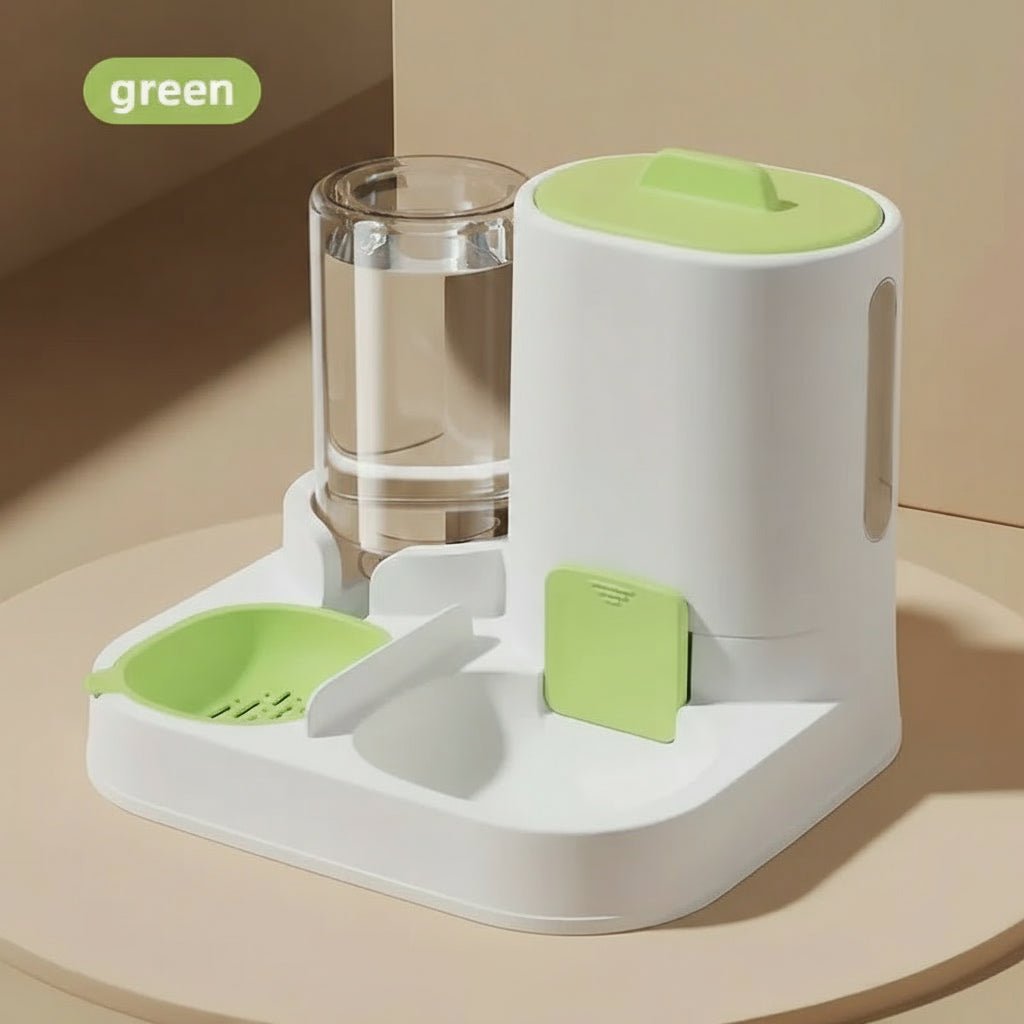Pet feeder and water dispenser with green accents on a gray background