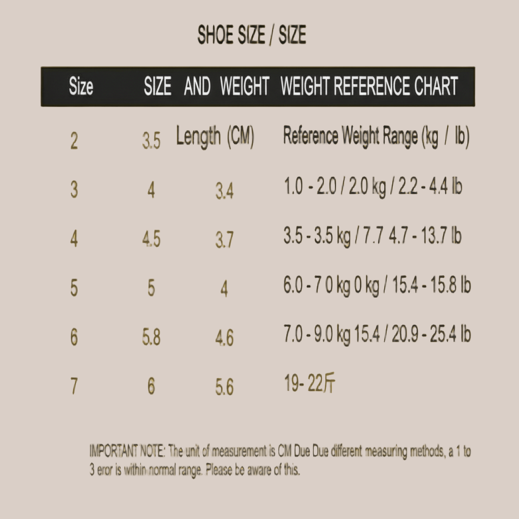 Shoe size and weight reference chart on a yellow background