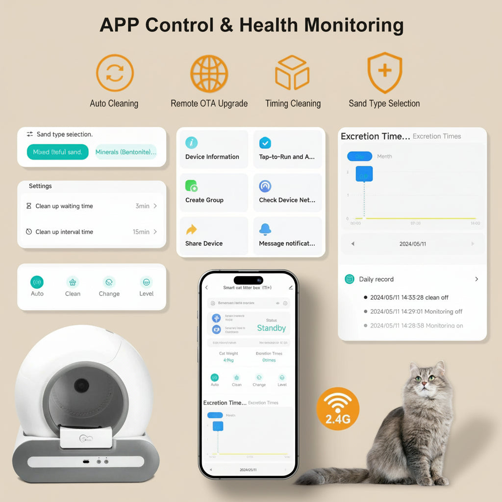 App controlled self-cleaning litter box with odor control system