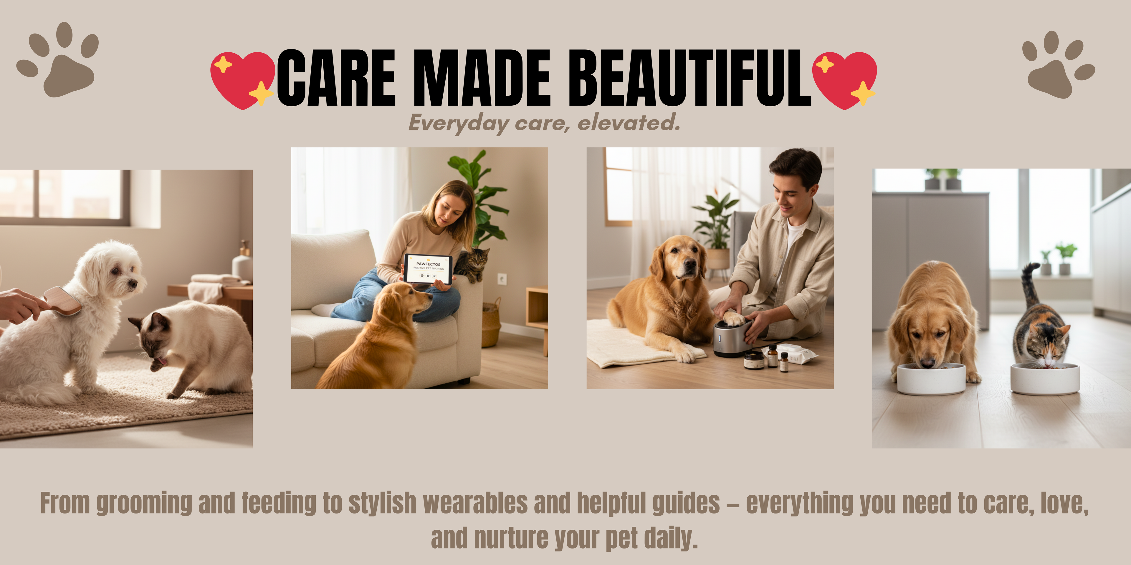 Pet grooming, feeding, stylish wearables, and guides – Pawfectos Care & Accessories Collection for daily pet care.
