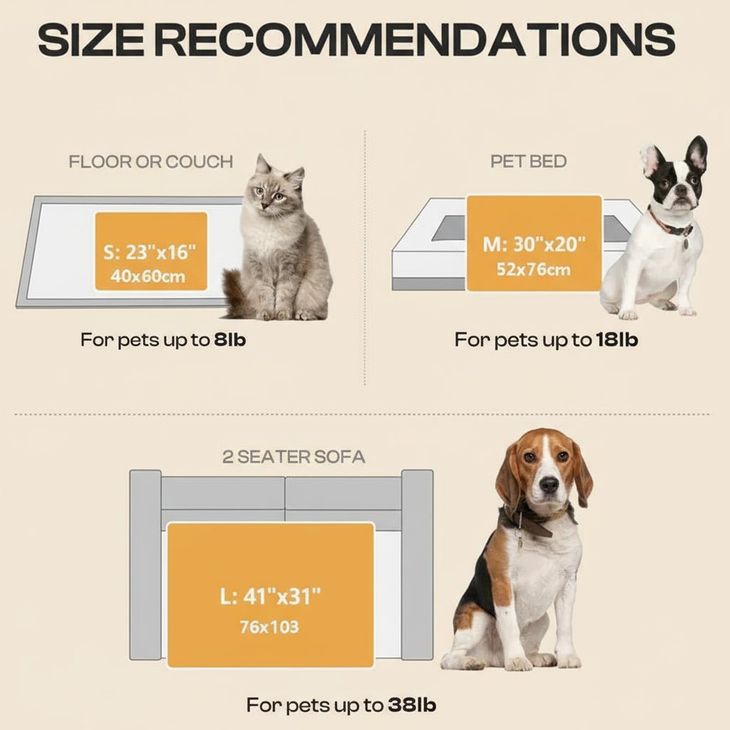 Size recommendations for pawfectos plush blanckets with images of a cat, dog, and beagle.