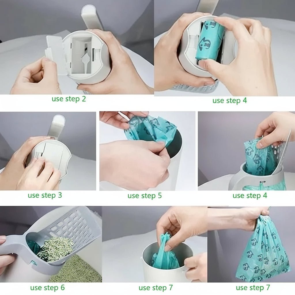 Step-by-step guide on using a pawfectos pet litter scoop and bag dispenser.