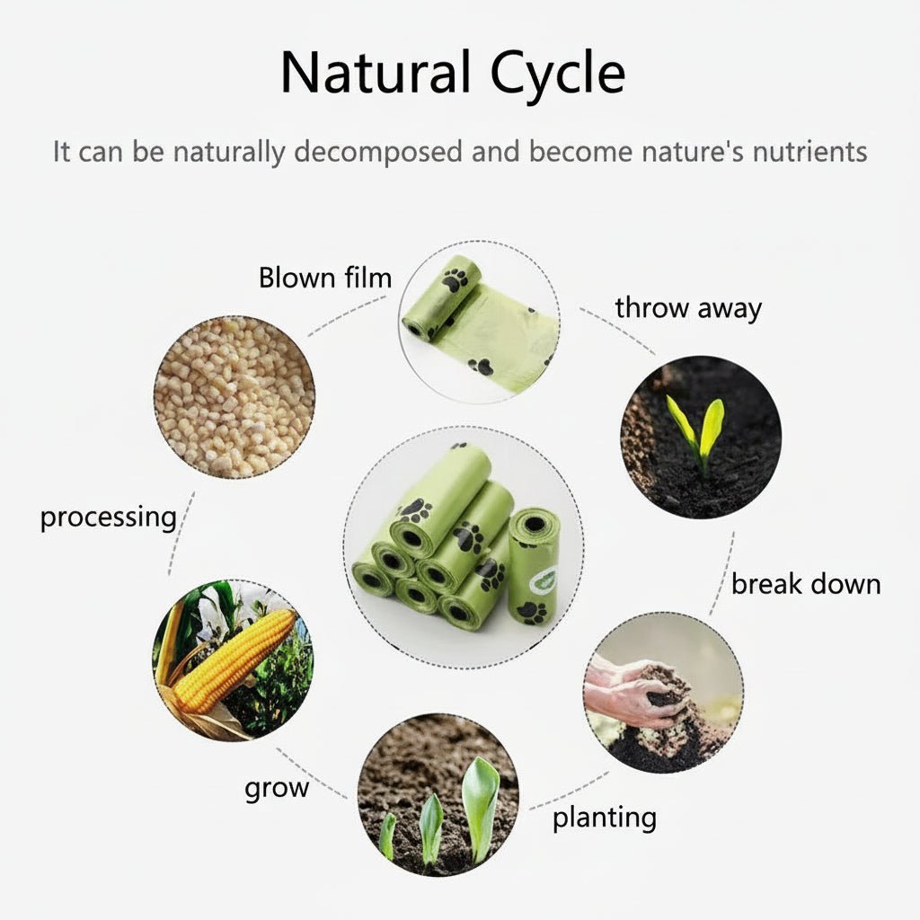 Diagram of a natural cycle with stages of processing, breakdown, and re-growth.