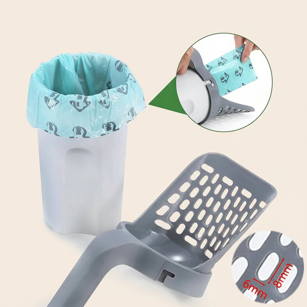 Cat litter scoop and bag with paw print design on a white background