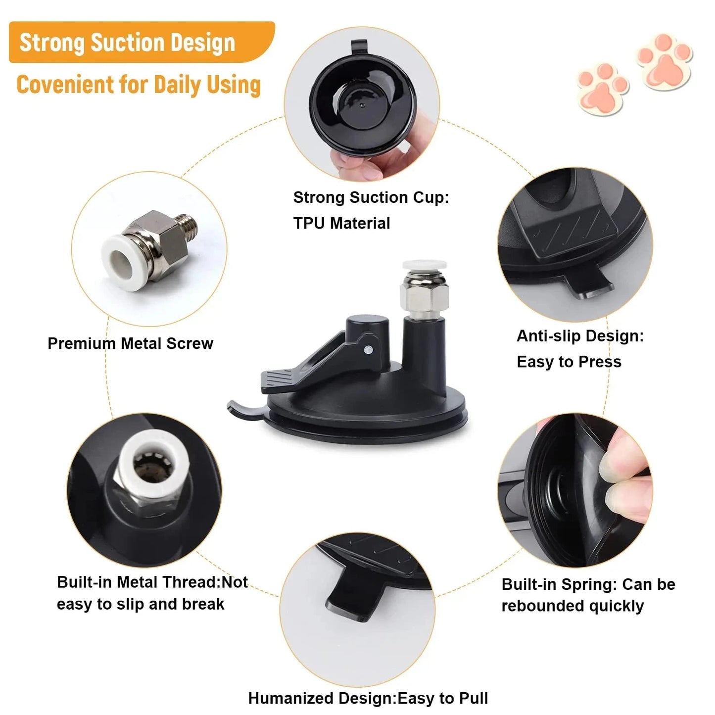 Cat Wand Toys - Product features with strong suction design, TPU material, metal screw, and other components on a white background.