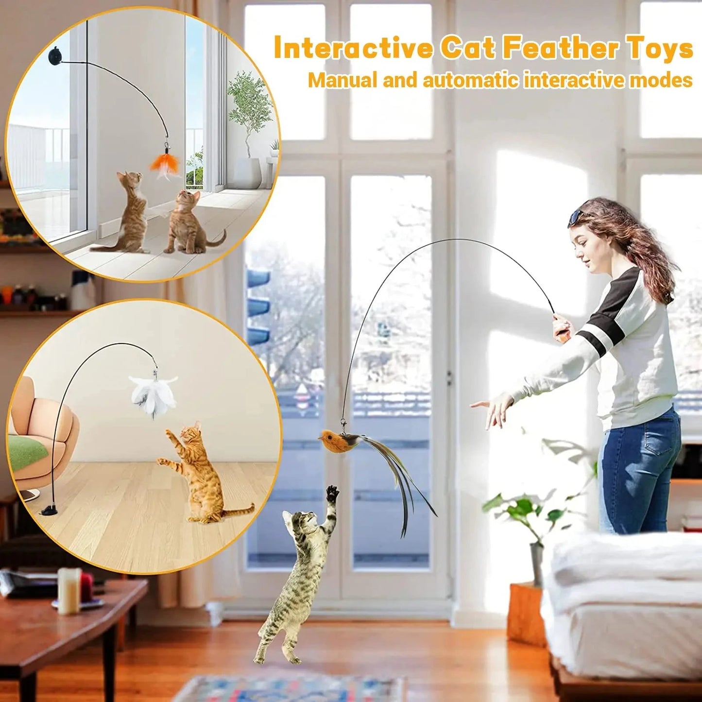Woman playing with an interactive cat feather toy in a living room.