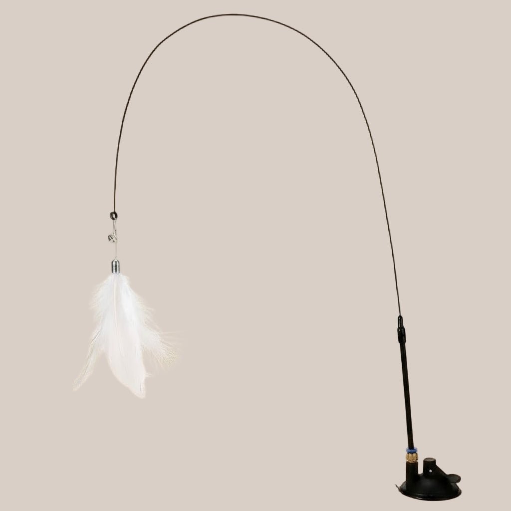 Cat Feather Wand Toy with a white feather on a wooden surface