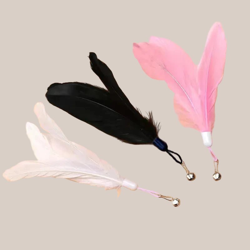 Cat Feather Wand Toy - Three feather dusters in black, pink, and white on a beige background