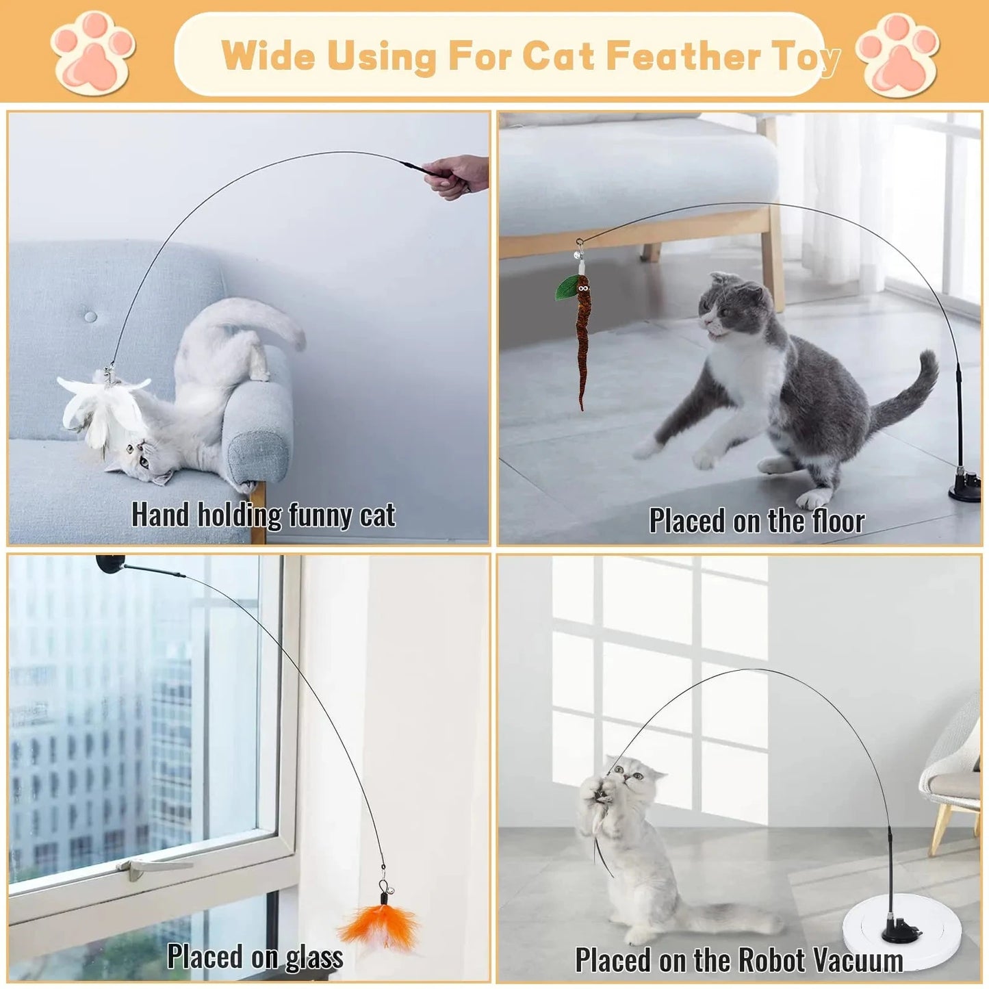 Cat feather toy with various placements shown, including hand holding, floor, glass, and robot vacuum.