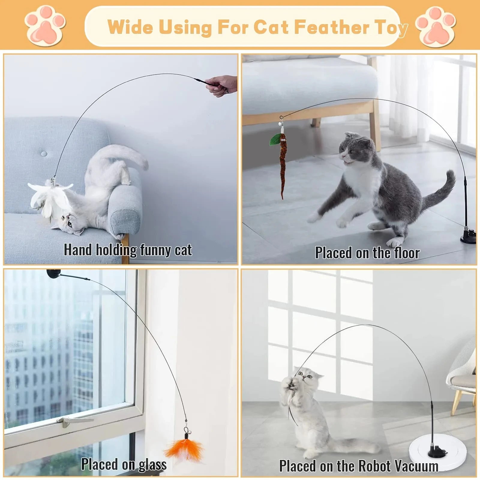 Cat feather toy with various placements shown, including hand holding, floor, glass, and robot vacuum.