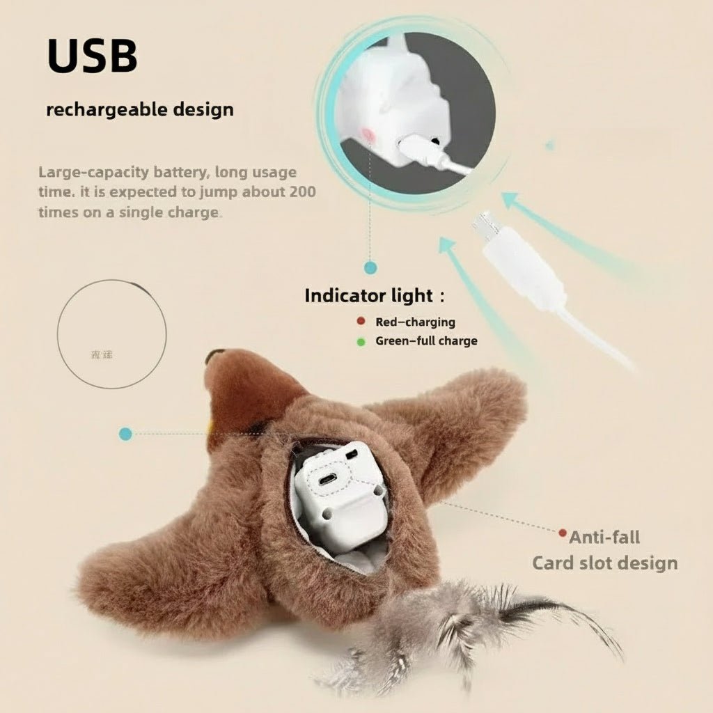 flappy sparrow bird toy with USB charging feature and catnip.