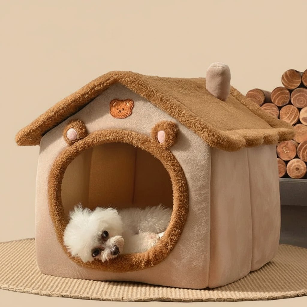 Dog house with a small dog inside, placed on a mat with logs in the background
