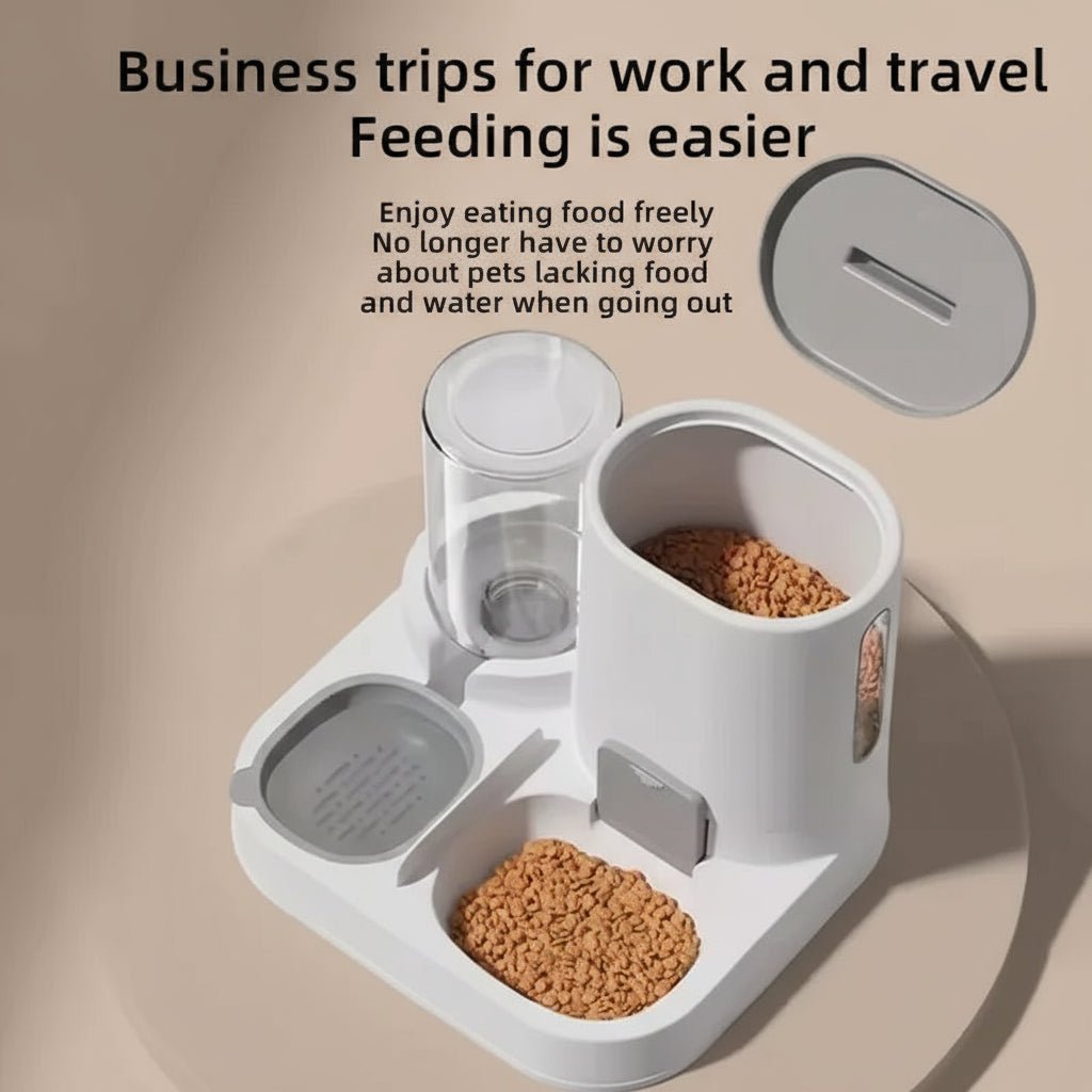 Pet feeding station with compartments for food and water on a gray background