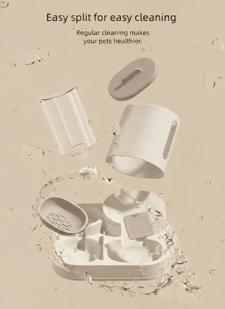 Pet Food Water Dispenser with text about easy splitting for cleaning and pet health.