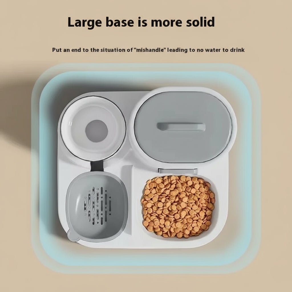 Pet food and water container with compartments and text on a gray background