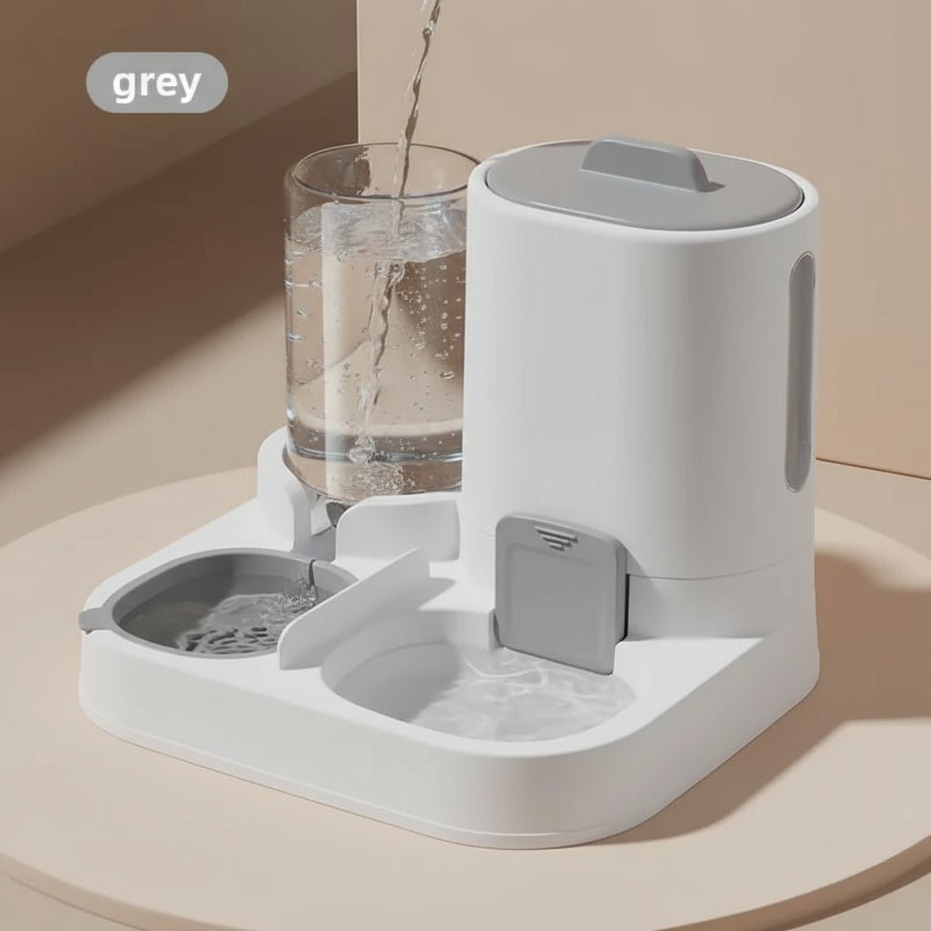 White pet feeder and water dispenser on a gray surface with 'grey' label above.