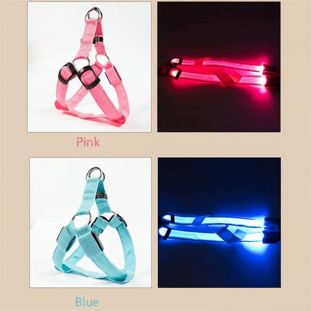 Pawfectos Pink and blue LED dog harnesses with glowing ends on a white background.