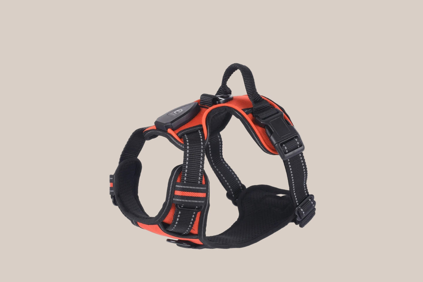 Pawfectos Black and orange dog harness on a grey background