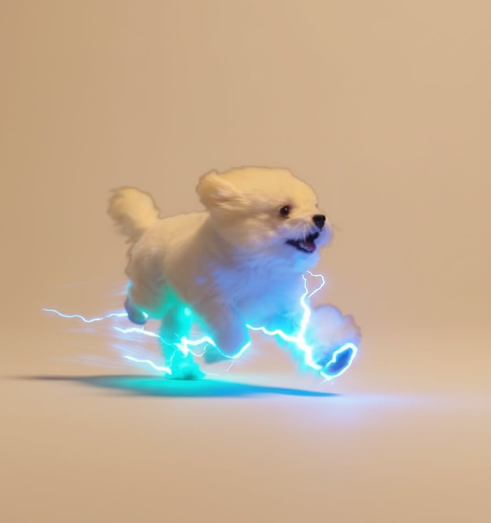 Small white dog with glowing blue and green shoes lights on a grey background