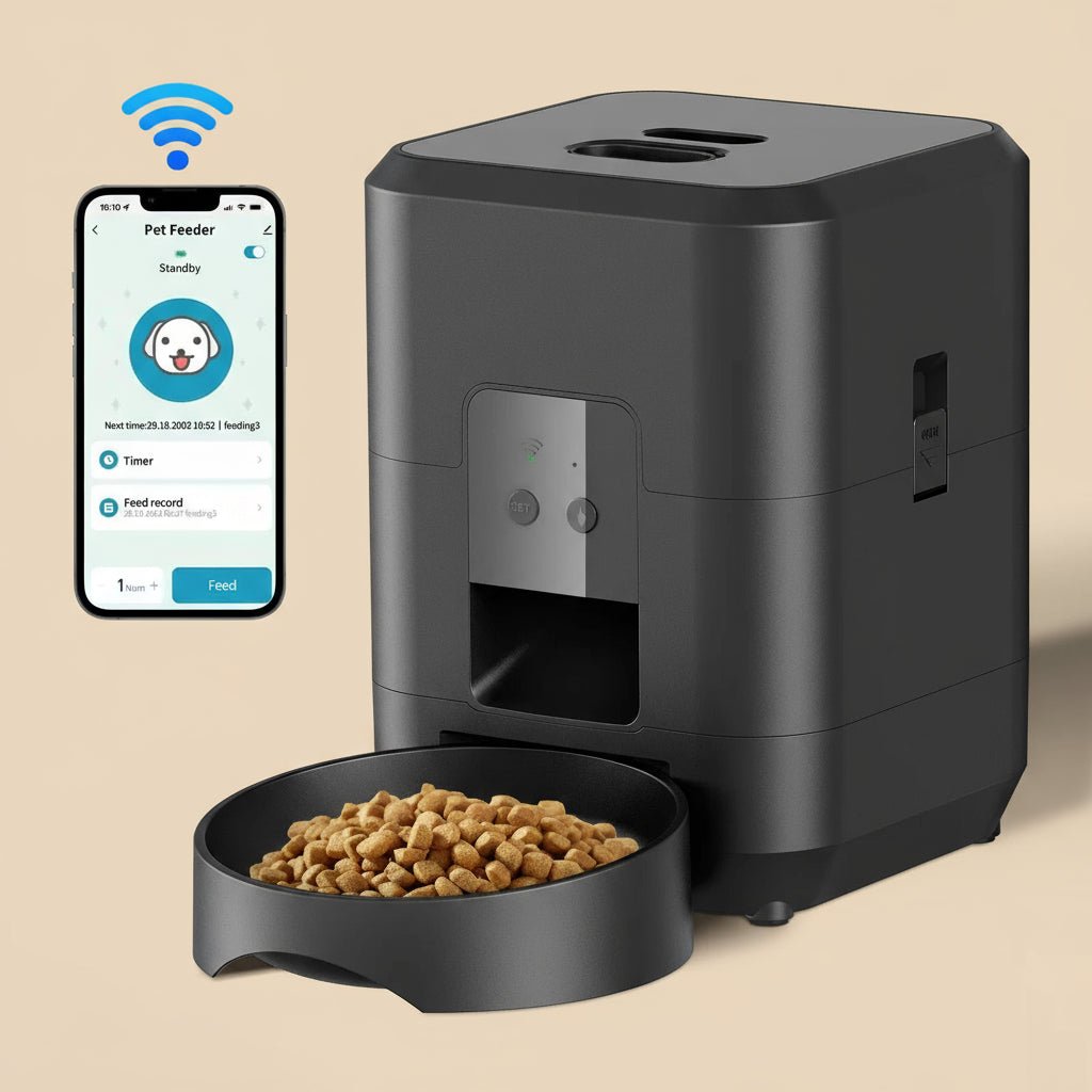 Pawfectos Black pet feeder with bowl of food and smartphone app on a white background