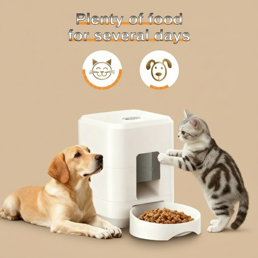 Dog and cat interacting with a pawfectos pet food dispenser on a wooden floor.