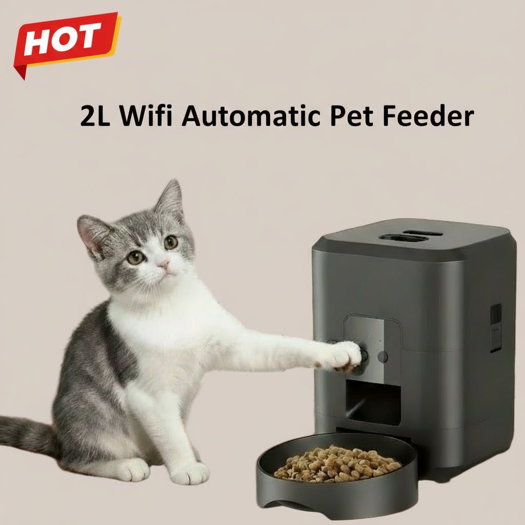 Cat interacting with an automatic pet feeder on a wooden floor, with a smartphone showing the app interface.