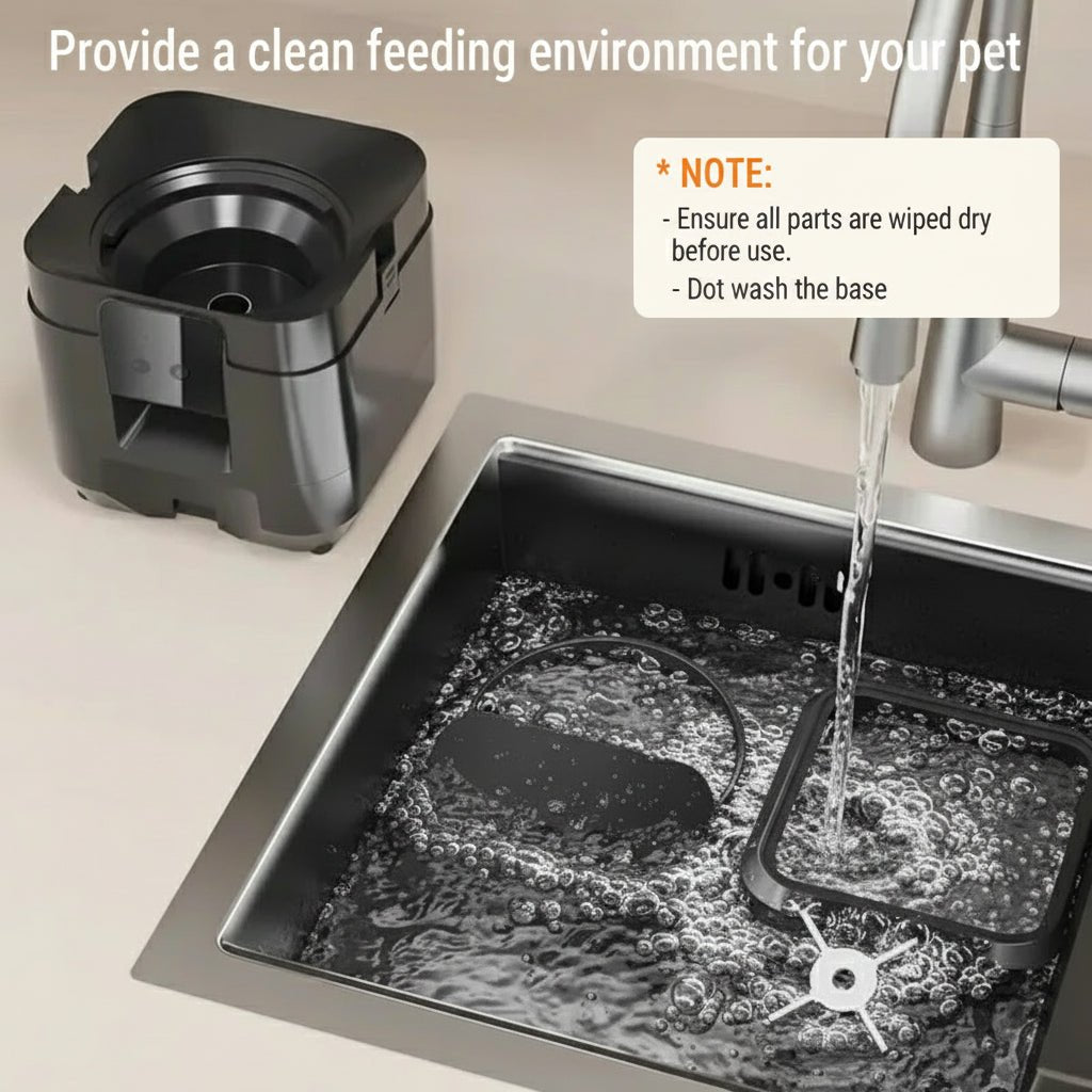 Easy to Clean Pawfectos Pet smart auto feeder being rinsed in a sink with water flowing over it, on a beige countertop. 