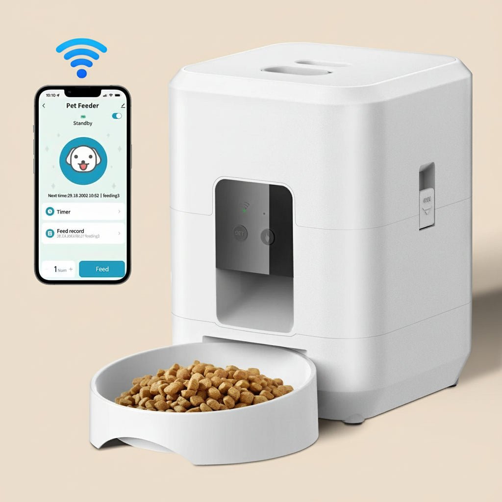 Pawfectos Automatic pet feeder with a bowl of kibble and a smartphone displaying the PetSafe app on a white background
