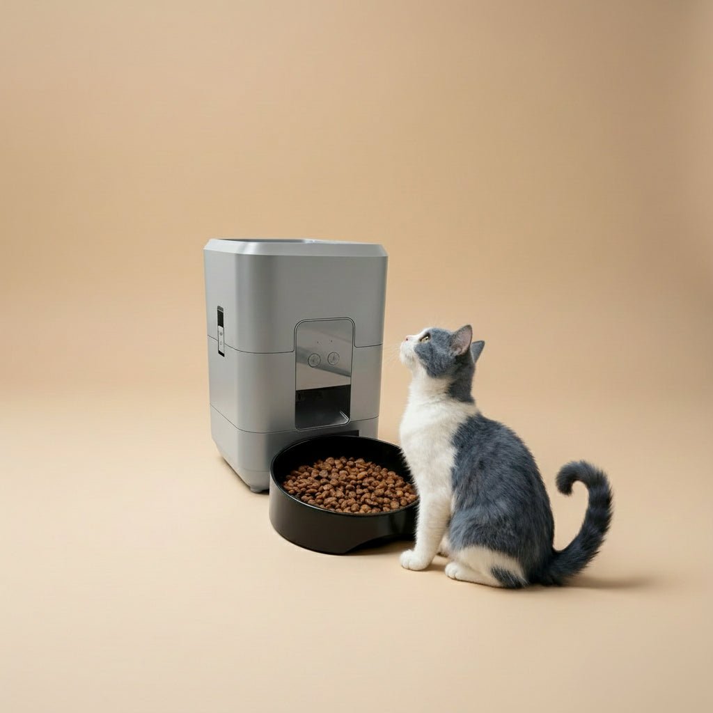 Cat sitting next to a pawfectos brand smart pet feeder with food in a bowl in a home setting.