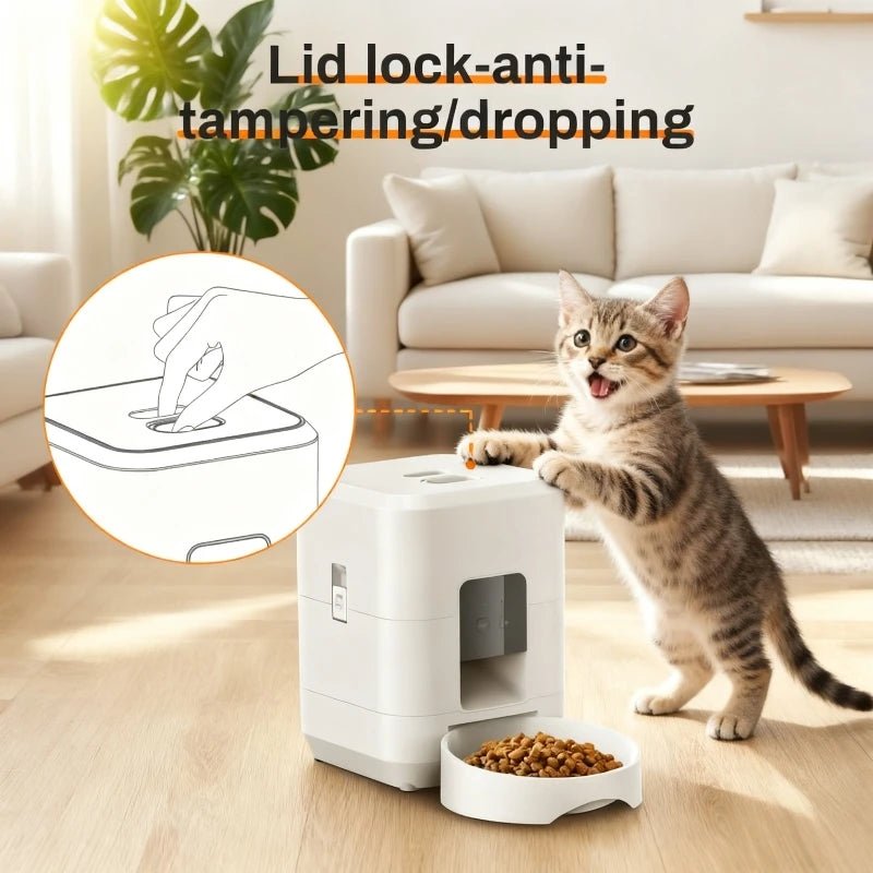 Cat interacting with a pet feeder in a living room setting, with text highlighting anti-tampering and dropping features.